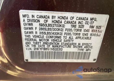 2007 Honda Pilot Exl из США, поврежденный, VIN 2HKYF18697H532313